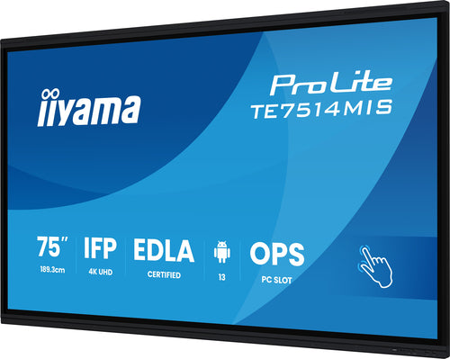 iiyama PROLITE TE7514MIS-B2AG Écran plat de signalisation numérique 190,5 cm (75") LCD Wifi 435 cd/m² 4K Ultra HD Noir Écran tactile Intégré dans le processeur Android 24/7