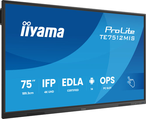 iiyama TE7512MIS-B4AG Dynamisch display Interactief flatpanel 190,5 cm (75") LCD Wifi 400 cd/m² 4K Ultra HD Zwart Touchscreen Geïntegreerde Android-processor 24/7