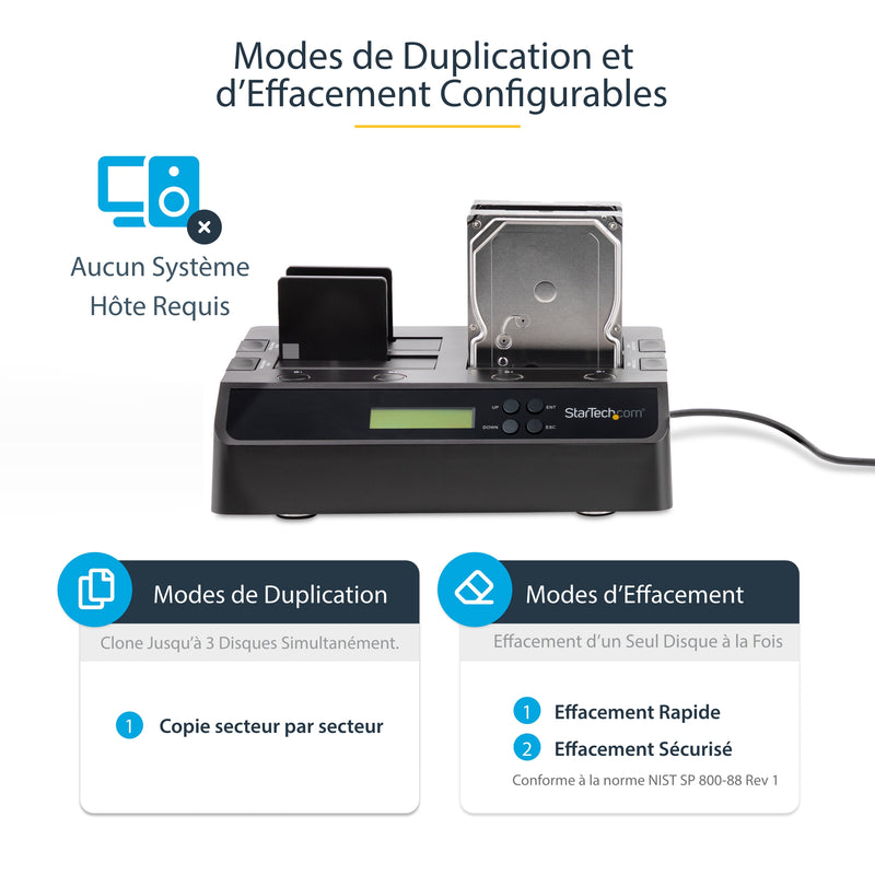 StarTech.com Duplicateur et Effaceur de Disques Durs à 4 baies, Cloneur/Copieur Autonome de HDD/SSD 1:3 SATA, Station d'Accueil USB 3.0 - eSATA vers SATA, Duplicateur de Disques Durs, Conception Sans Outillage